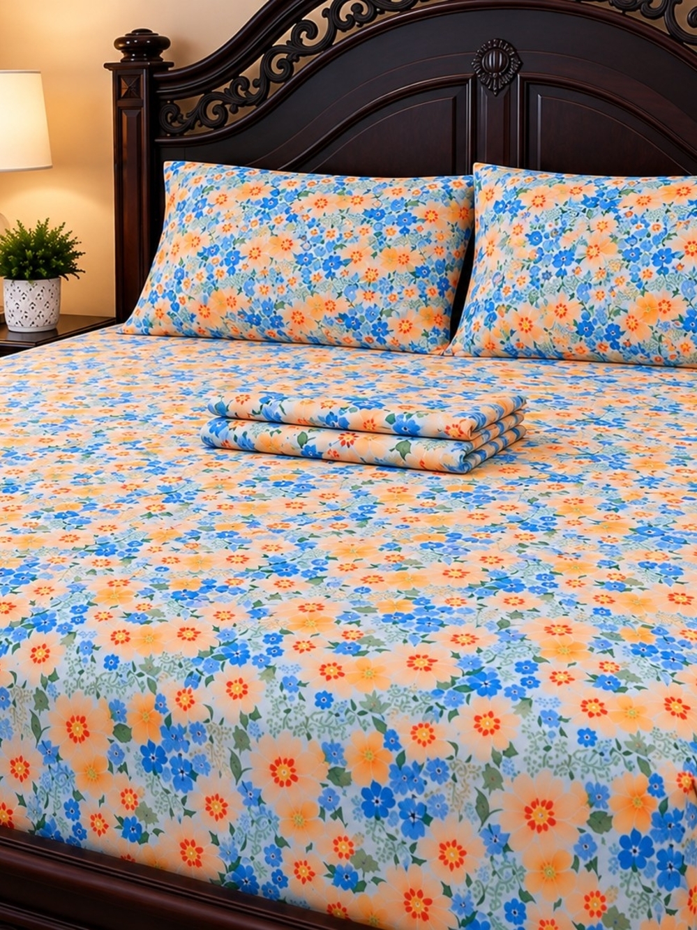 Blue and Orange Floral Cotton Sheet Set by